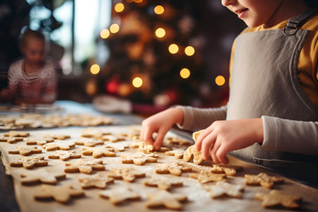 Little girls make gingerbread cookies near the Christmas treeの素材