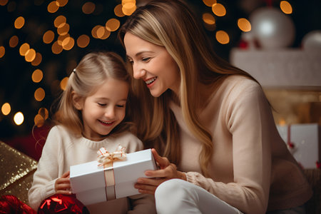 Mother and daughter are holding New Year's gift boxes near the Christmas tree 1の素材