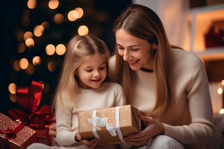 Mother and daughter open boxes with New Year's gifts near the Christmas tree 1の素材