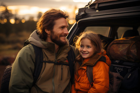 A memorable family road trip as a father and daughter embark on an adventure by carの素材
