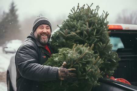 A cheerful gentleman grins while placing the Christmas tree he purchased from the farm into the carの素材