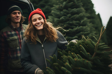 Joyful couple shares laughter while selecting a Christmas tree on a festive farm, deep in loveの素材