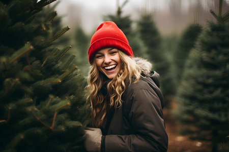 A jubilant young lady in a crimson hat laughs while selecting a Christmas tree from the farmの素材