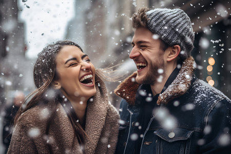 Amidst the winter's beauty, a smiling couple in love shares a moment on a snowy streetの素材