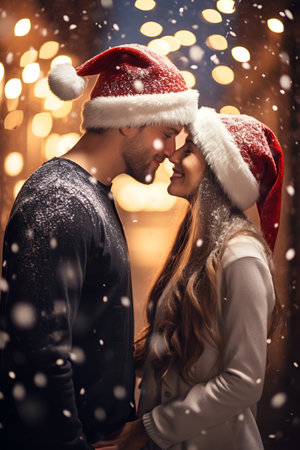 A loving couple in New Year's hats shares an affectionate hug on a snowy, festive streetの素材