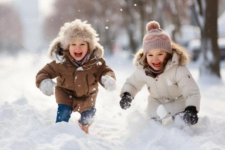 Kids frolic outdoors in the wintery snowの素材