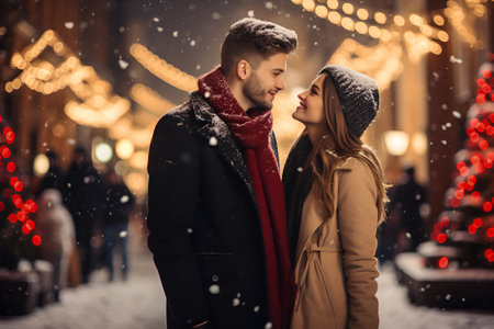 A couple in love enjoys the festive charm of a snow-covered street adorned with Christmas garlandsの素材
