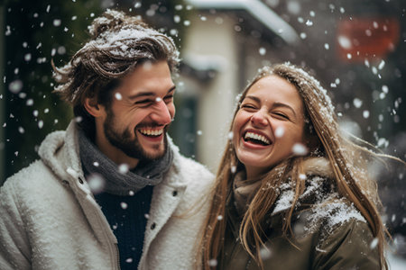 On Valentine's Day, a couple in love shares smiles while strolling down a snow-covered streetの素材