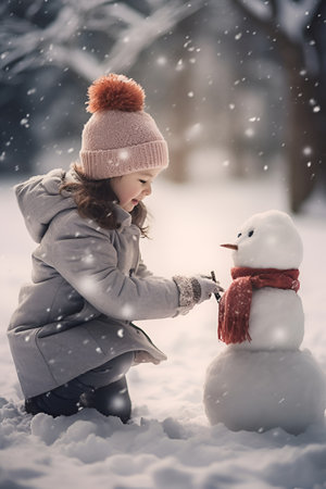A young girl, amidst a snowy park, creates a snowman with her own handsの素材