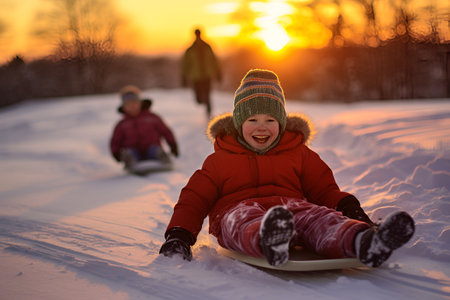 At sunset, kids enjoy sledding down a hillの素材