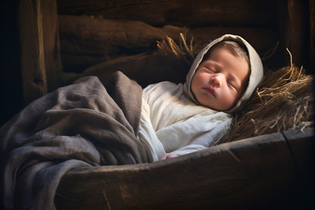 Infant Jesus rests in the manger amid the hay, portraying the Nativity of Jesusの素材