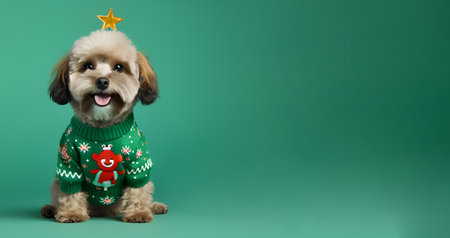 A lovable dog wearing a Christmas sweater against a green backdrop, bannerの素材