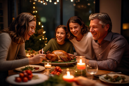 The family convenes around the holiday table, featuring a splendid turkeyの素材