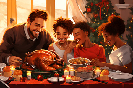 Illustration of a diverse family at a festive Christmas feast, complete with a turkeyの素材