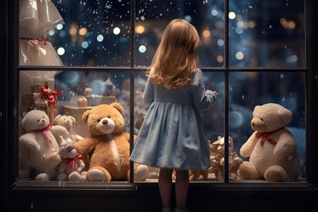 A young girl stands by a toy shop window, fixed on a teddy bearの素材