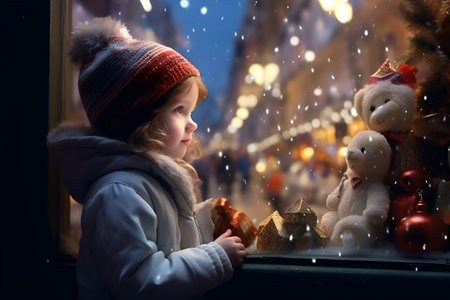 A small girl stands in front of a shop window, gazing at Christmas toysの素材