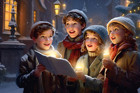 Carolers in festive clothes sing classic Christmas carols on snowy street, illustrationの素材