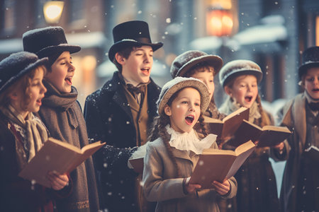 A festive ensemble of carolers sings traditional Christmas songs on a snow-covered streetの素材