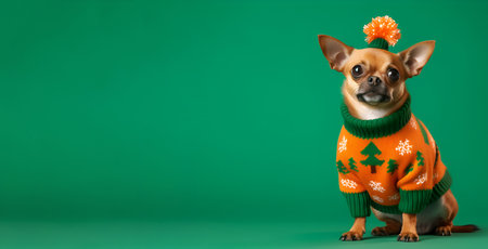 A festive Chihuahua in an orange Christmas sweater and hat on a green backdrop, bannerの素材