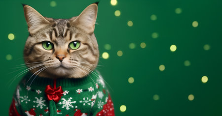 Adorable cat wearing a festive Christmas sweater against a green backdropの素材