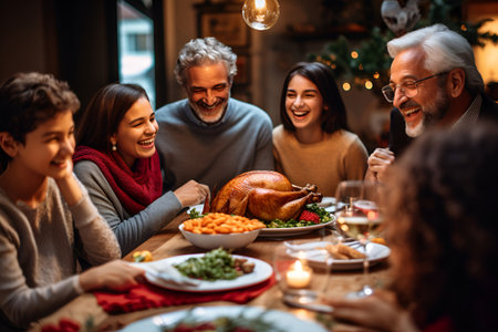 A festive family dinner featuring a delicious baked turkeyの素材