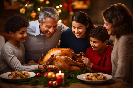 A festive family dinner featuring a delicious baked turkey for Christmasの素材