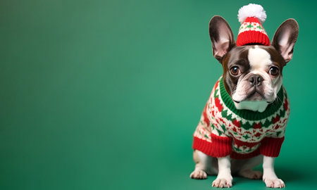 Little cute dog in a Christmas sweater and in a hat on a green background, bannerの素材