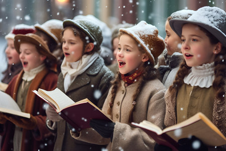 Children are carolers in festive attire perform classic Christmas songs on a snowy streetの素材
