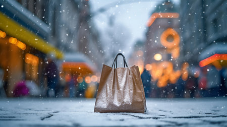 A shopping bag placed in the snow against the backdrop of a snowy Christmas cityの素材
