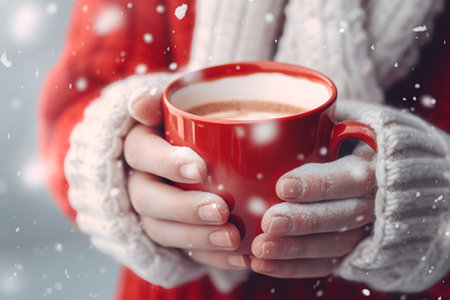 Holding a red cocoa cup during daylightの素材