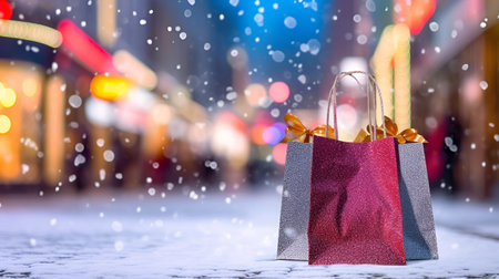 A shopping bag in the midst of a snowy Christmas city sceneの素材