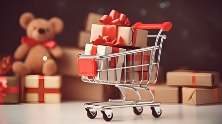Shopping cart filled with Christmas gift boxesの素材