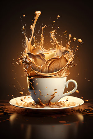 Splash of coffee in a cup on a brown backgroundの素材