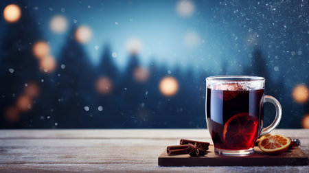 Aromatic spiced mulled wine with orange on a wooden table against a wintry backdropの素材