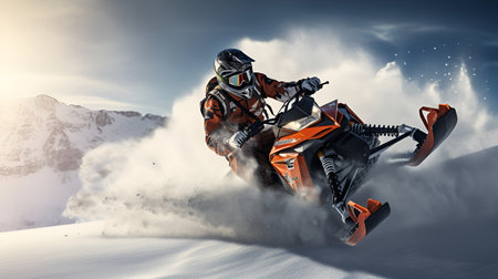 A guy in athletic gear and helmet maneuvers a snowmobile amid snow-covered mountains, embracing the thrill of the snowy adventureの素材