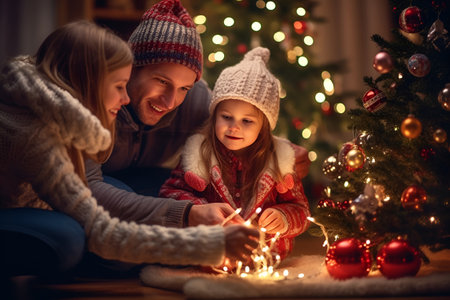 A family unwinds a garland, preparing to adorn their home Christmas tree with festive decorationsの素材