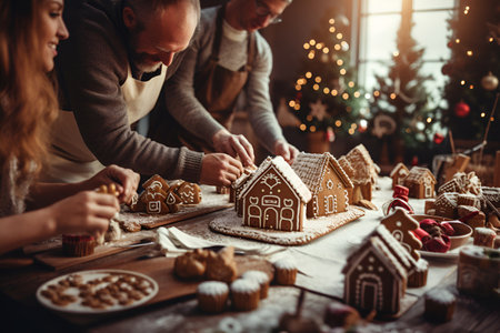 A family constructs gingerbread houses with icing amid a backdrop of a Christmas treeの素材