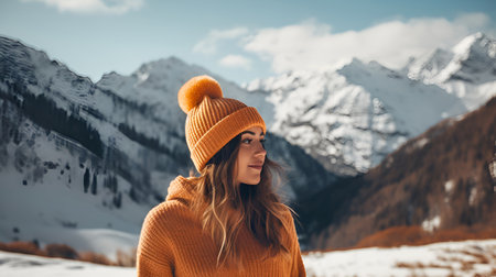 A lady, adorned in a cozy hat and knitted sweater, gazes at the snow-covered mountains in wintertimeの素材