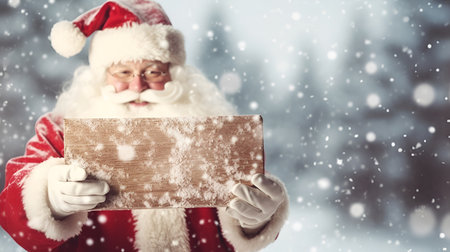 Santa Claus clutches a wooden sign in his hands on a snowy day, providing space for a textの素材