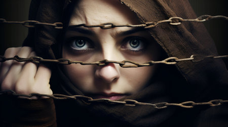 A portrait of a woman in captivity, symbolizing the harrowing issue of human traffickingの素材