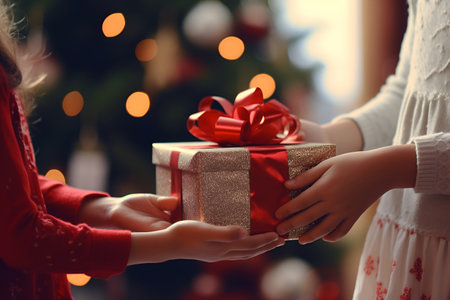 Presenting a gift in a festively wrapped box, with a blurred background featuring bokeh lightsの素材