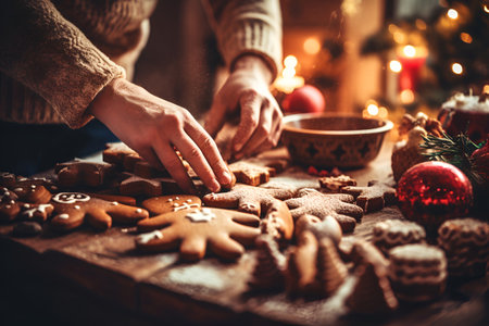 Close up of hands crafting Christmas gingerbread cookies, adding icing to create festive designsの素材