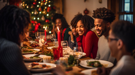An African-American family gathered around a table, set against the backdrop of a Christmas treeの素材