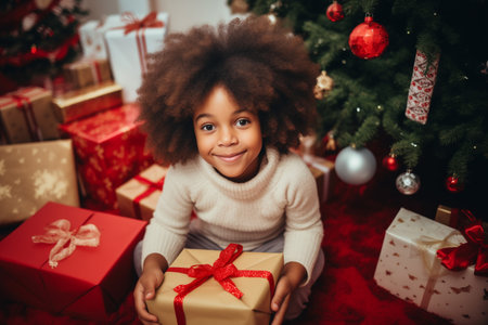 A young African American girl seated by a Christmas tree surrounded by presentsの素材