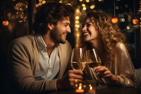 A young couple enjoys a champagne toast, savoring the moment of shared celebration, Valentines dayの素材