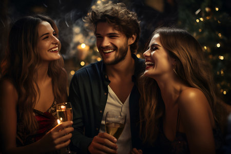 Friends ring in the New Year with a toast of champagne, reveling in the joyous spirit of celebrationの素材