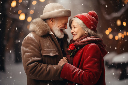 In a snowy park, a content and romantic senior couple, a woman, and a man celebrate Valentines Dayの素材