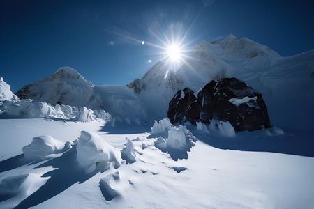 Sun-kissed snowy mountain landscape, glistening in the winter sunlightの素材