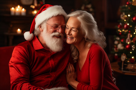 Romantic and happy couple of senior woman and man in New Years hat near the Christmas treeの素材