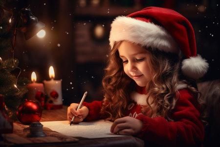 A girl with curly hair, donning a Christmas hat, writes a letter to Santa Clausの素材